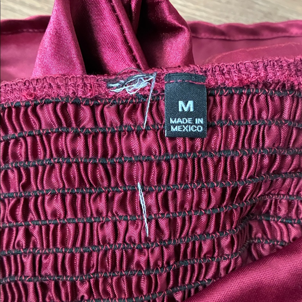 Burgundy Satin Handkerchief Bandeau Top Smocked Back Tie Front Wine Red Medium - Picture 4 of 4